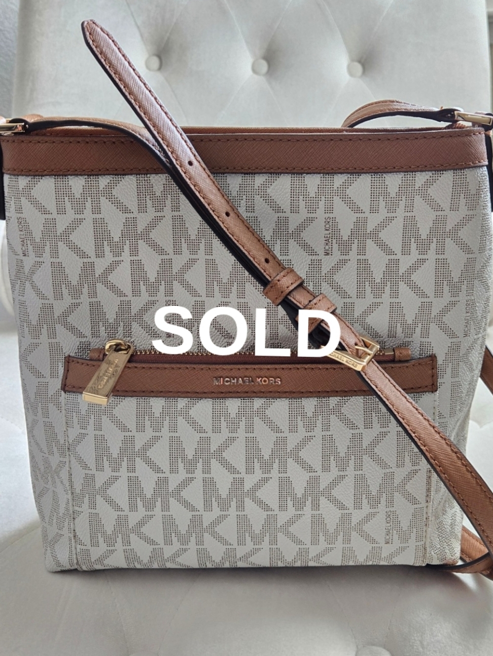 SOLD!!  Michael Kors Vanilla and Acorn Signature Crossbody Bag